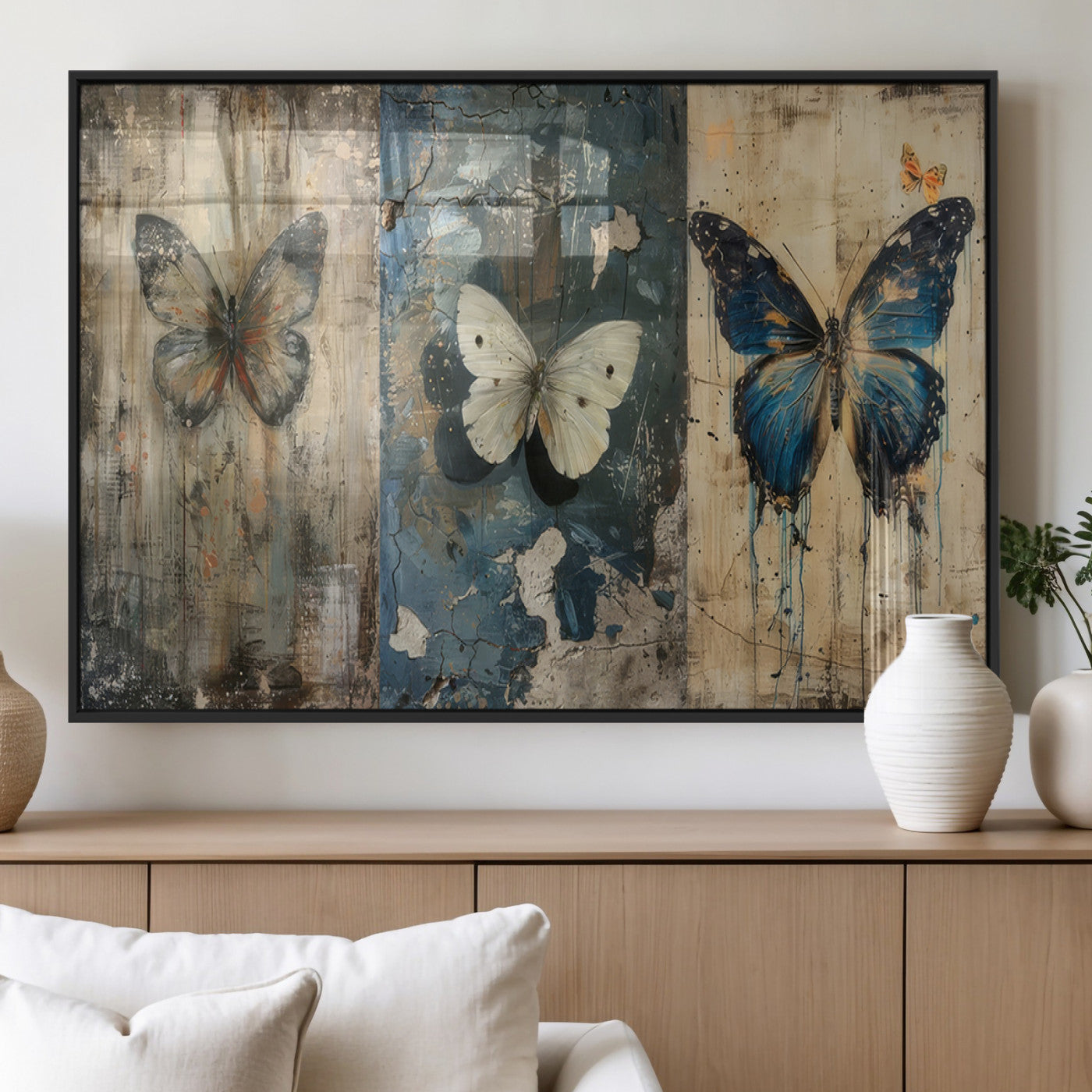 MGV-FP-36X24-3P - Butterfly Wall Art Trio | Vintage Butterfly Canvas Print | Ready to Hang Framed Artwork for