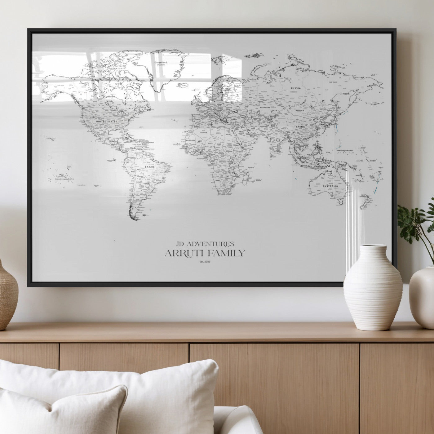 MGV-FP-60X30-3P - Custom World Map Wall Art – Personalized Framed Canvas Print with Push Pins for Travel Tracking,