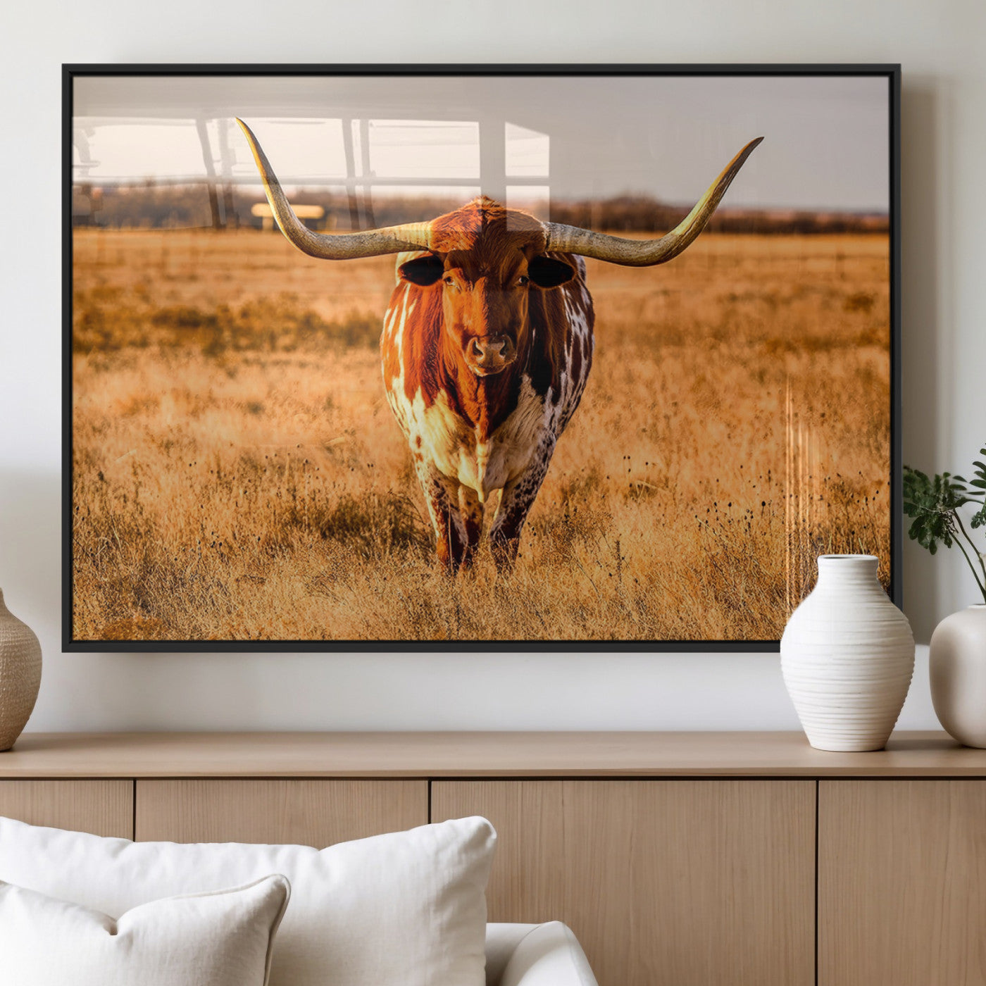 MGV-FP-60X30-3P - Longhorn Cow Wall Art | Ready to Hang Framed Canvas Print for Farmhouse and Barn Decor