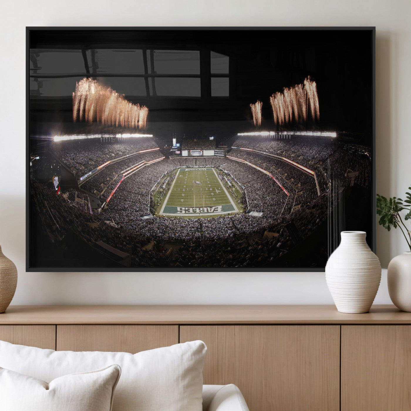 48893-MGV-FP-60X30-3P_Black-Eagles Field Stadium Wall Art - Lincoln Financial Field Fireworks Game Triple Canvas Wall Art -