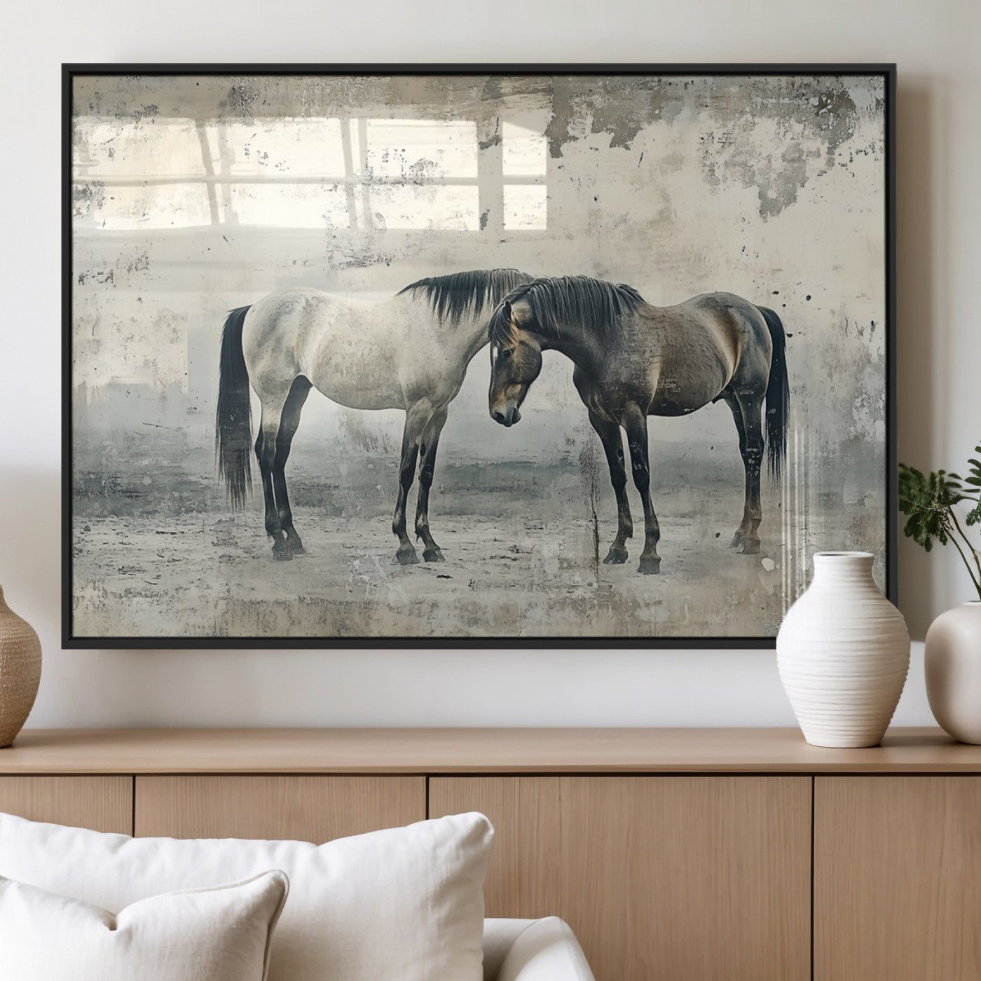 MGV-FP-60X30-3P - Chines Style Majestic Horses Wall Art | Ready to Hang and Framed Triptych Print | Western Farmhouse