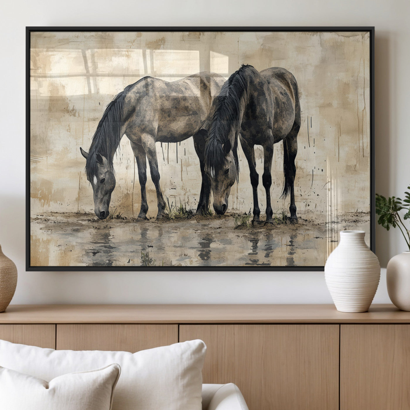 MGV-FP-60X30-3P - Chinese Style Abstract Black Horses Wall Art Canvas Print - Abstract Horse Wall Art Canvas Print