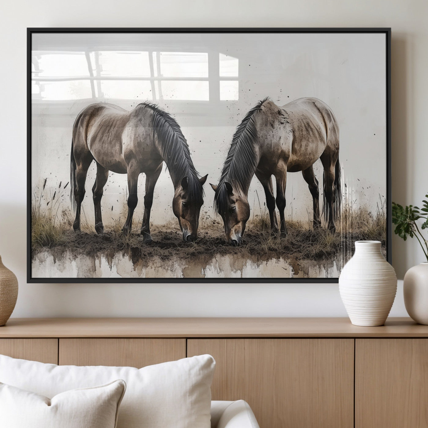 MGV-FP-60X30-3P - Chines Ink Style Horses Wall Art Canvas Print