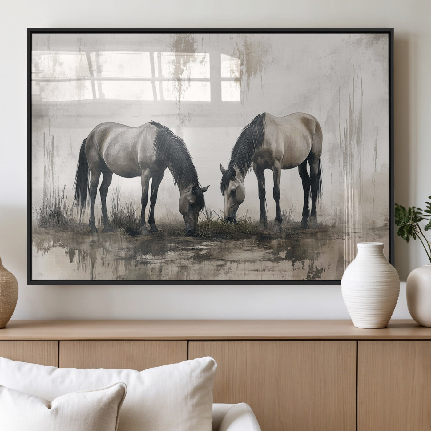 MGV-FP-60X30-3P - Chines Ink Style Vintage Horses Wall Art Canvas Print for Farmhouse Wall Decor