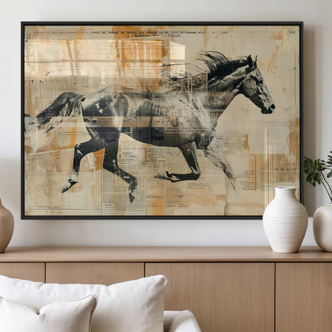 MGV-FP-60X30-3P - Chines Style Running Horse Western Wall Art | Farmhouse Wall Decor | Ready to Hang Framed Canvas