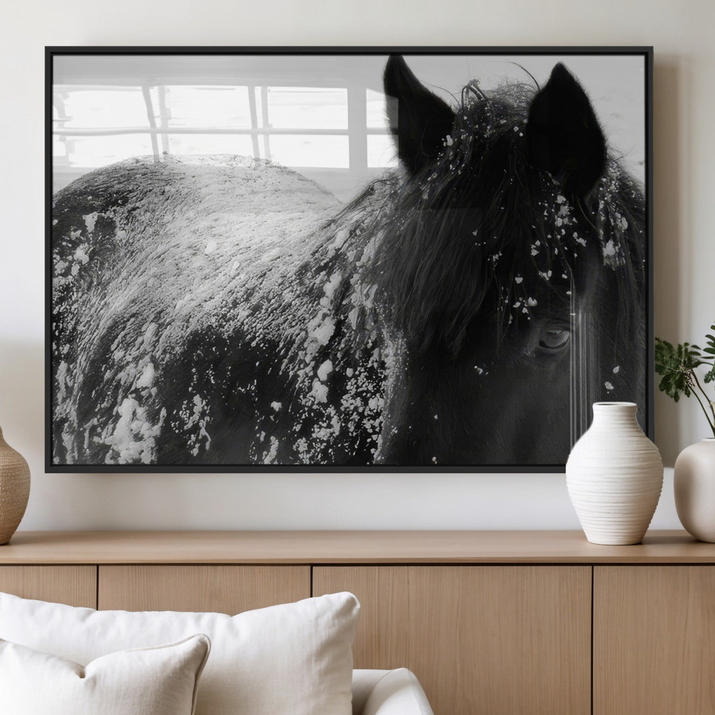 MGV-FP-60X30-3P - Black Horse in Snow Canvas Print | Winter Horse Wall Art | Ready to Hang and Framed | Farmhouse Wall