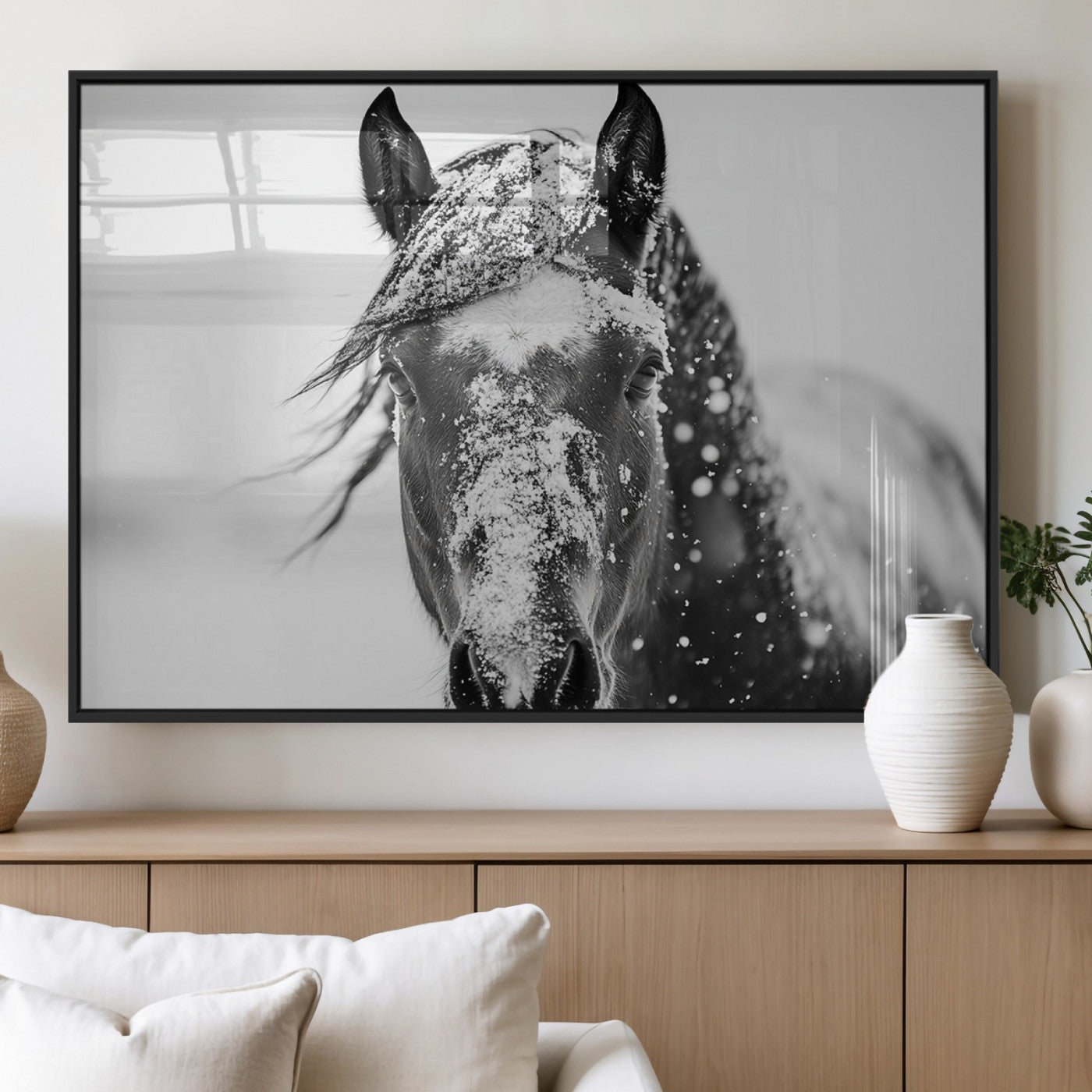 MGV-FP-60X30-3P - Western Wall Art | Black and White Winter Horse Wall Art | Ready to Hang and Framed | Farmhouse and