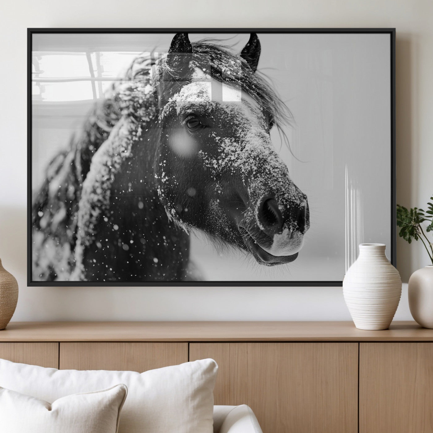 MGV-FP-60X30-3P - Winter Horse Canvas Print | Large 3-Panel Black White Equine Photography for Rustic Farmhouse Wall