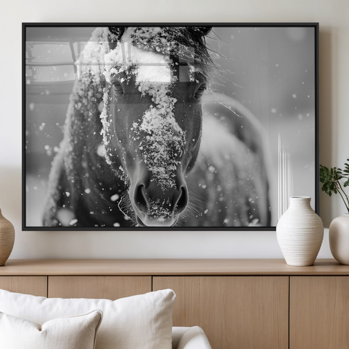 MGV-FP-60X30-3P - Black and White Horse Winter Wall Art | Ready to Hang and Framed | Farmhouse Wall Decor | Western