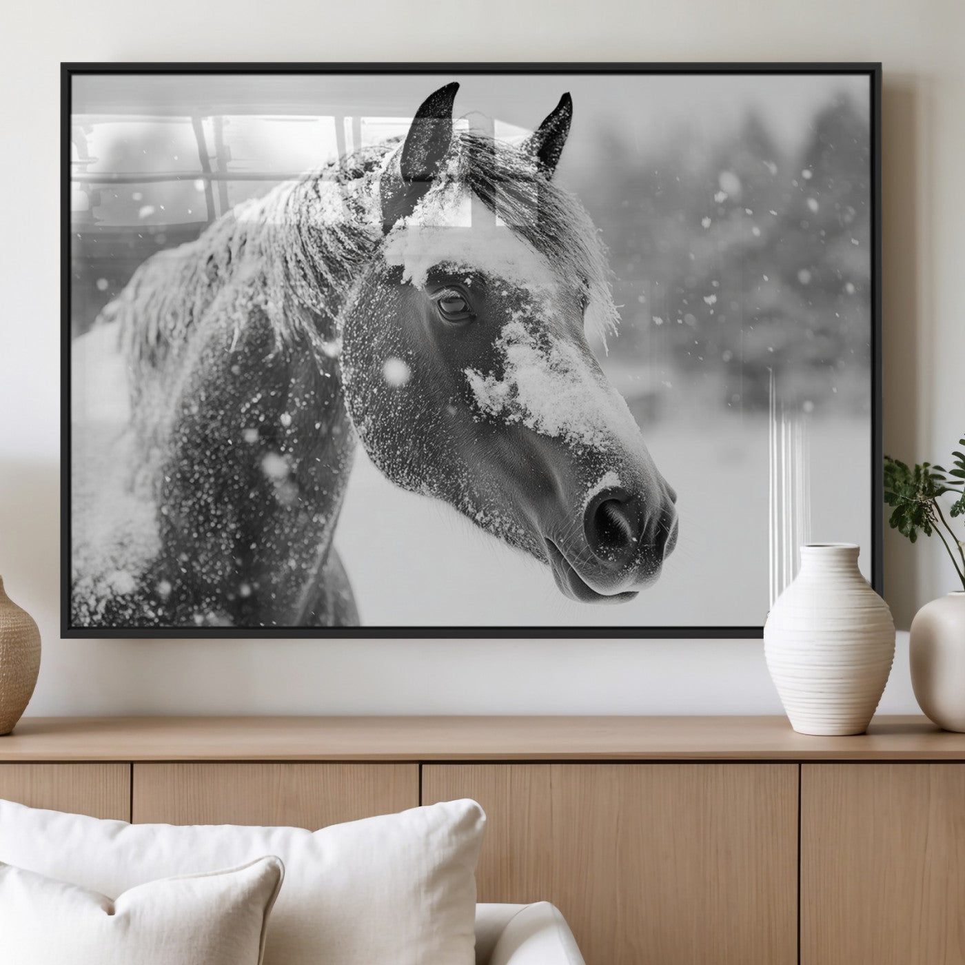 MGV-FP-60X30-3P - Black Horse Winter Wall Art | Ready to Hang and Framed | Farmhouse and Western Wall Decor for Living