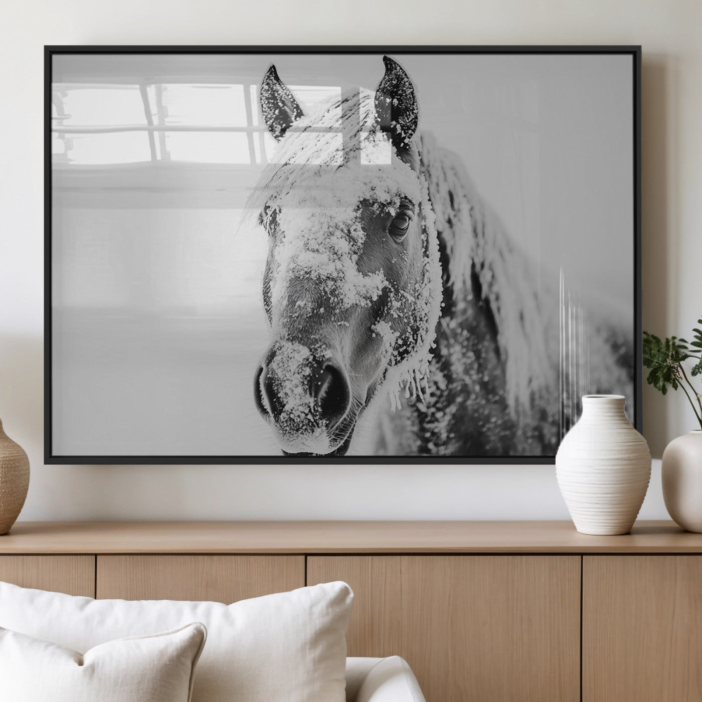 MGV-FP-36X24-3P - White Horse Wall Art | Ready to Hang and Framed | Winter Horse Wall Art Print for Farmhouse and