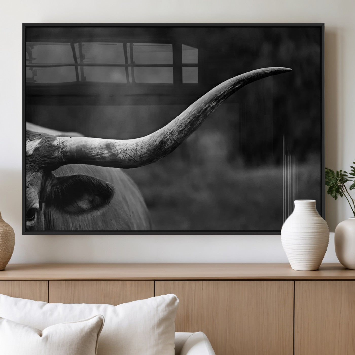 MGV-FP-60X30-3P - Cow Longhorn Wall Art | Black and White Print | Ready to Hang and Framed | Farmhouse Wall Decor |