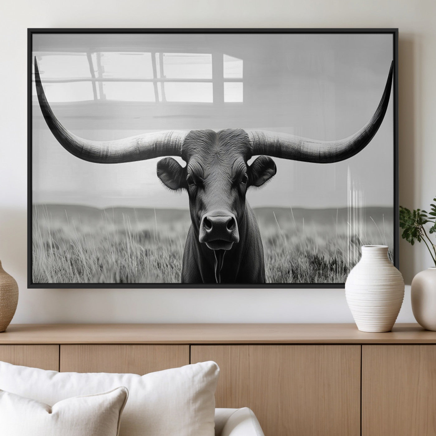 73780-MGV-FP-36X24-3P_Black-Longhorn Bull Canvas Print | Rustic Farmhouse Wall Art | Western Decor | Ready to Hang and Framed
