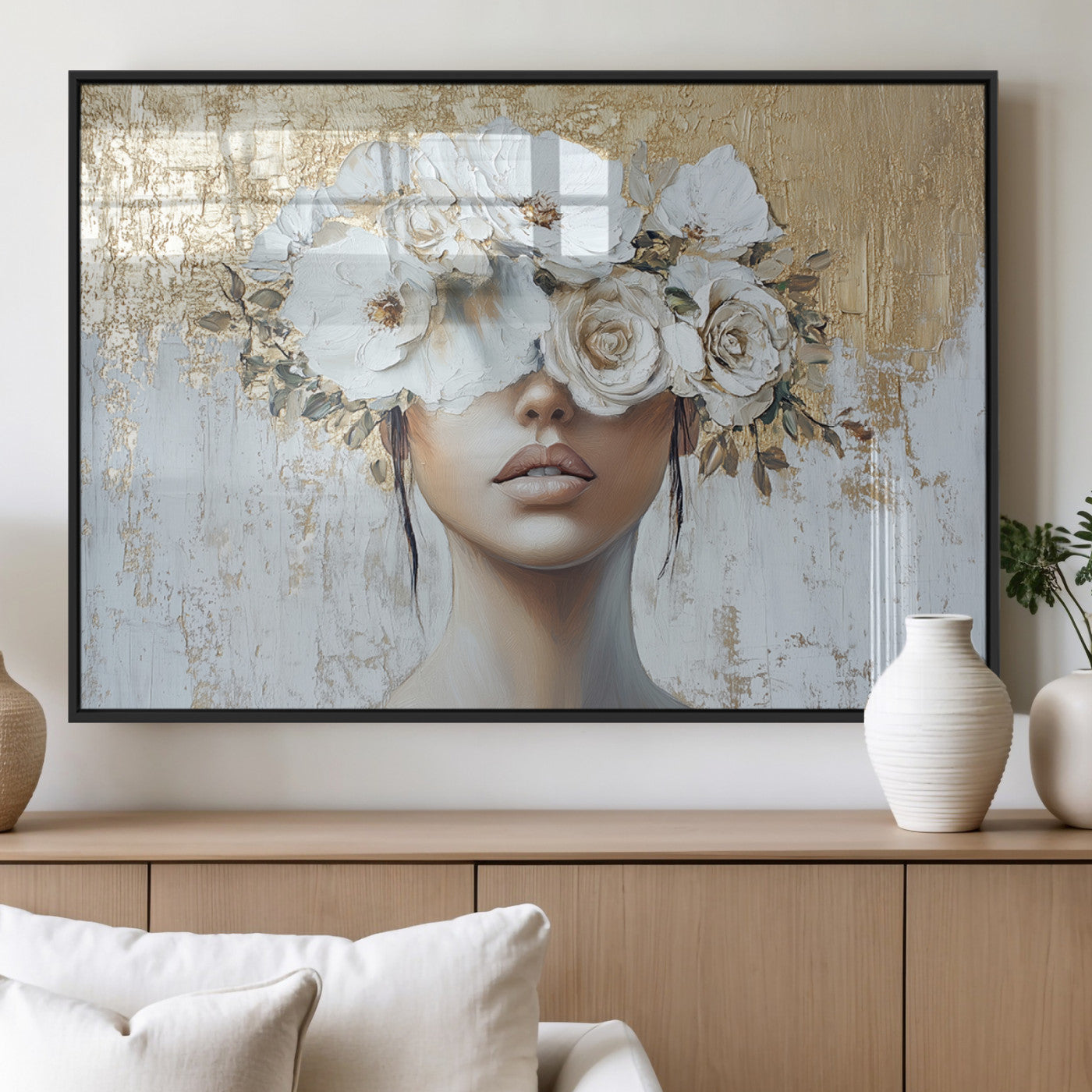 MGV-FP-36X24-3P - Golden Petal Wall Art - Canvas Print Flower Head Woman Painting Floral Woman Portrait Wall Decor,