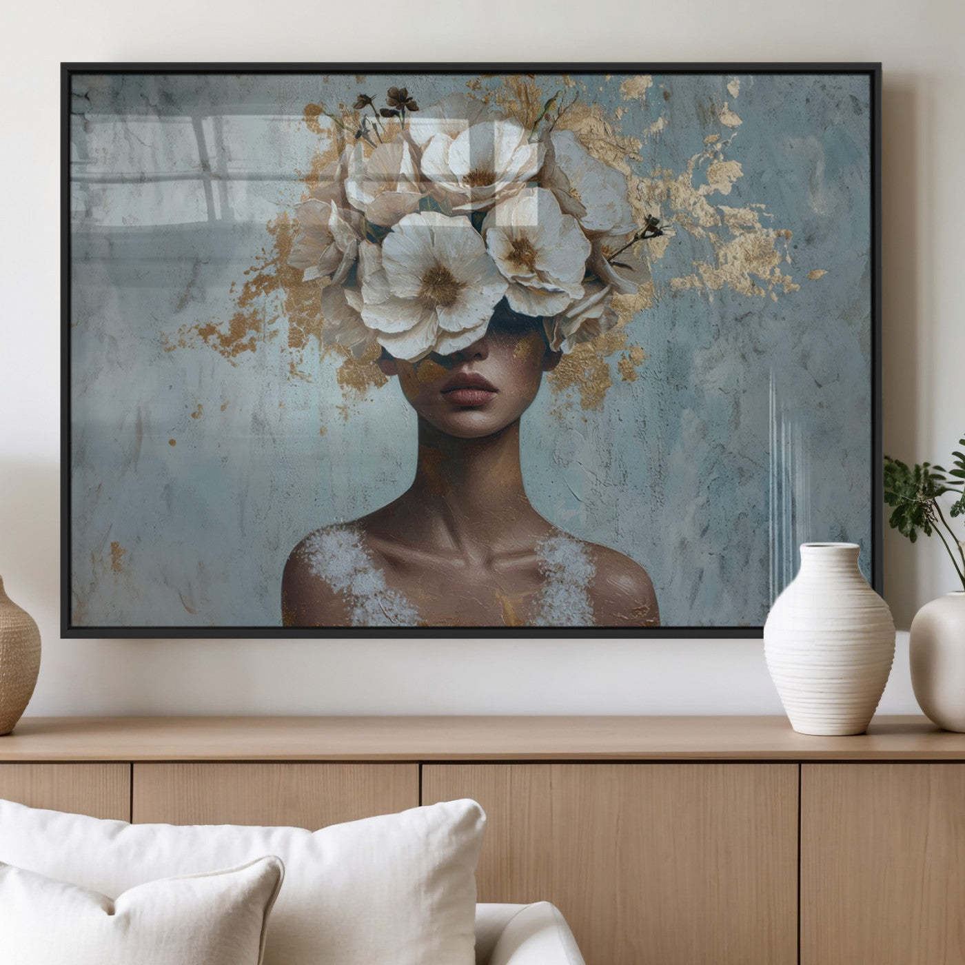 MGV-FP-36X24-3P - Golden Petal Wall Art - Petal Silhouette Woman Wall Art Canvas Print | Large 3-Panel Canvas with