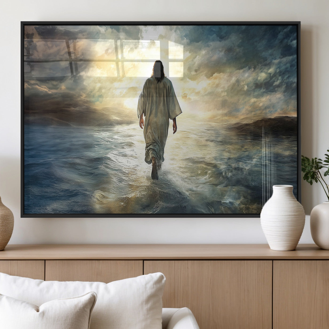 MGV-FP-60X30-3P - Jesus Walking on Water Wall Art | Canvas Print | Ready to Hang | Christian Home Decor | Spiritual