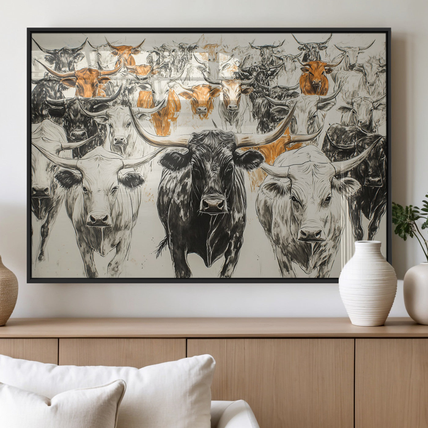 MGV-FP-36X24-3P - Texas Longhorn Wall Art - Herd Canvas Wall Art Print - Abstract Cow Drawing Wall Art Print for