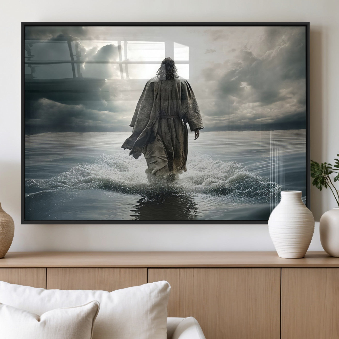 MGV-FP-60X30-3P - Jesus Walking on Water Wall Art | Canvas Print | Ready to Hang | Christian Home Decor | Spiritual