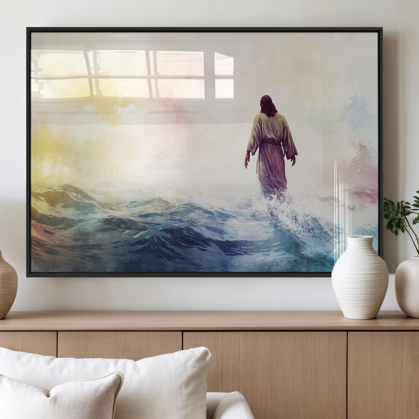 MGV-FP-60X30-3P - Watercolor Jesus Walking on Water Canvas Print, Christian Wall Art, Jesus Christ Walking
