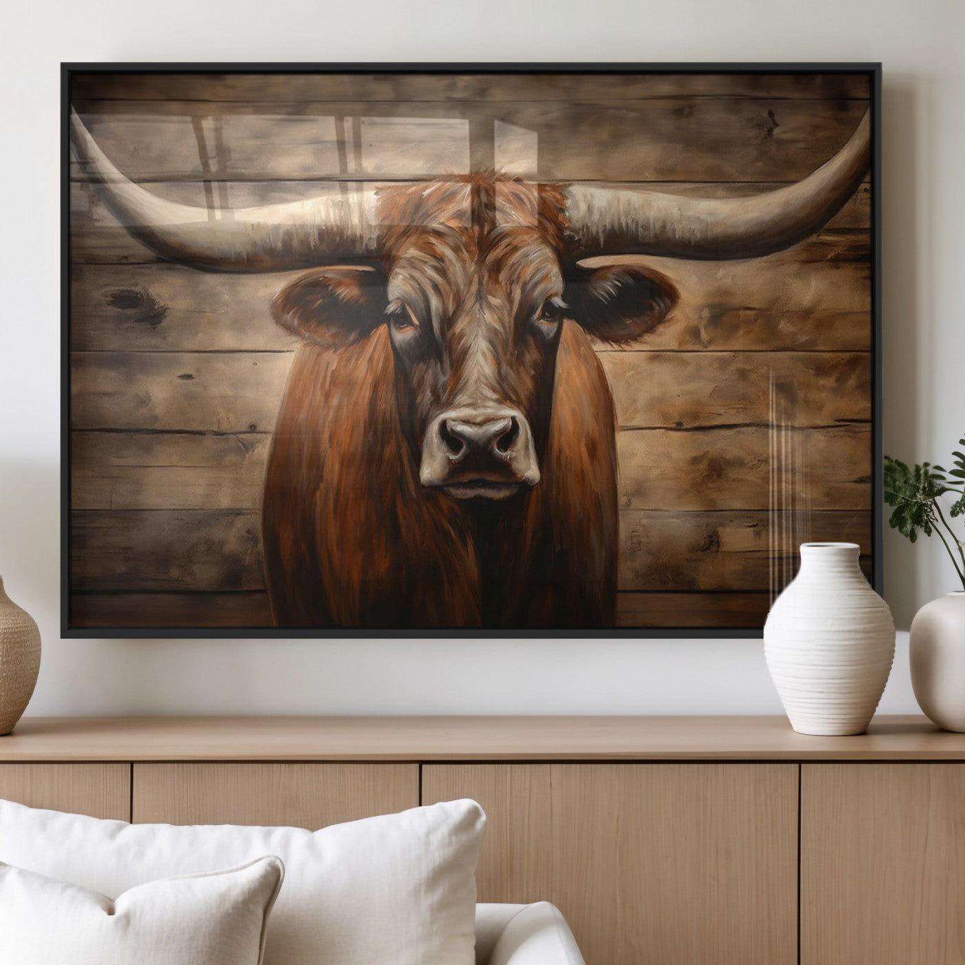 77556-MGV-FP-60X30-3P_Black-Longhorn Bull Wall Art | Canvas Print | Ready to Hang | Rustic Farmhouse Wall Decor | Western Barn