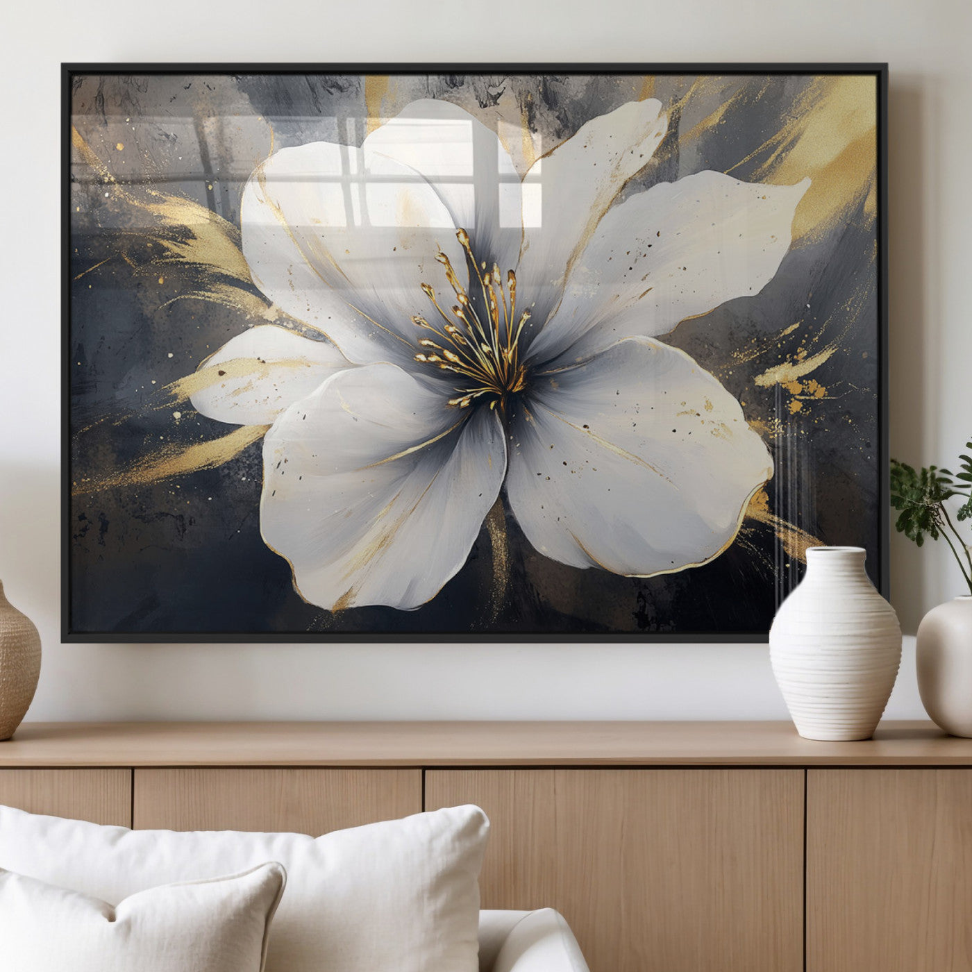 MGV-FP-60X30-3P - White Flower Wall Art Canvas Print | Ready to Hang | Abstract Floral Wall Decor | Elegant Bloom