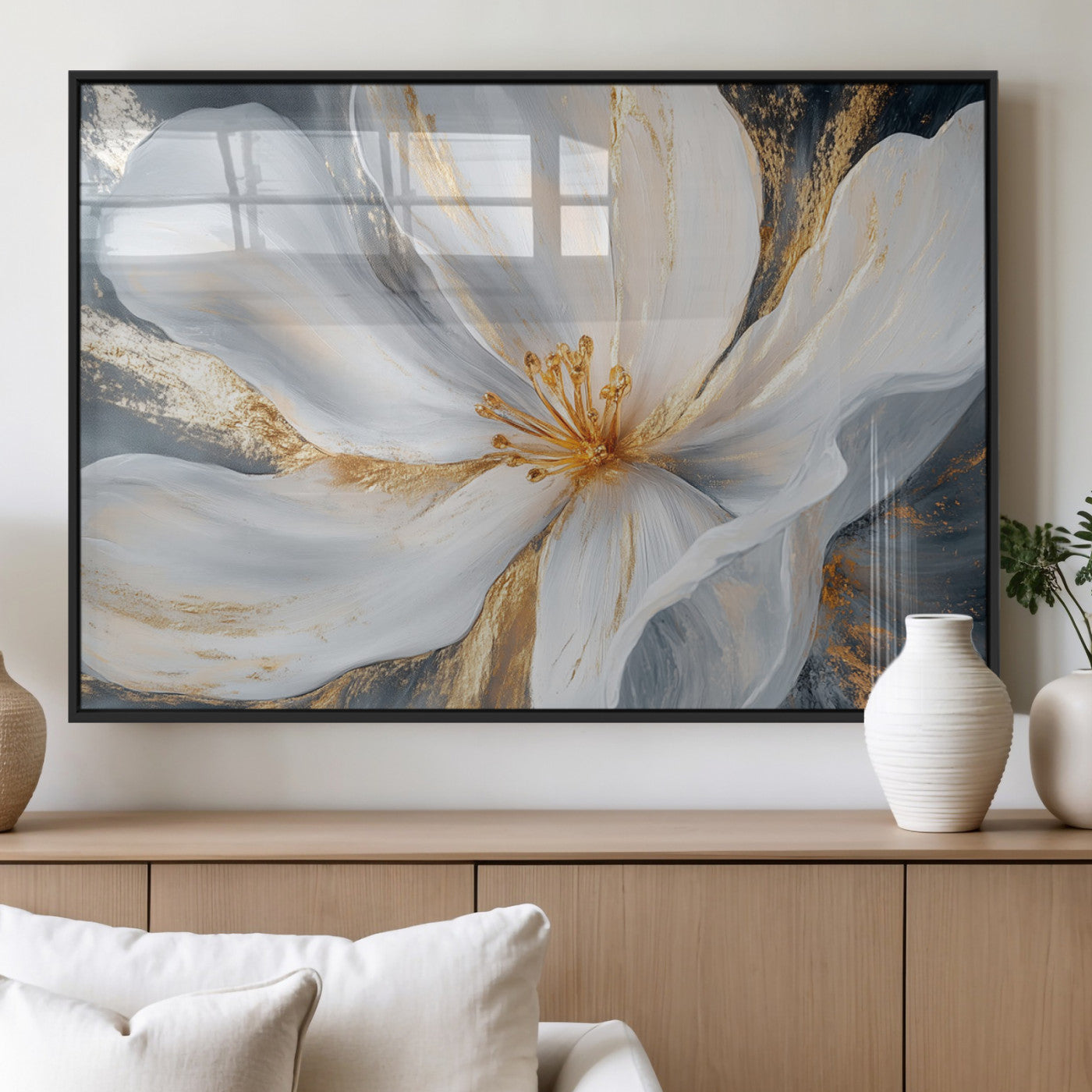 MGV-FP-60X30-3P - White and Gold Floral Canvas Wall Art - Framed and Ready to Hang - Perfect for Modern Living Rooms