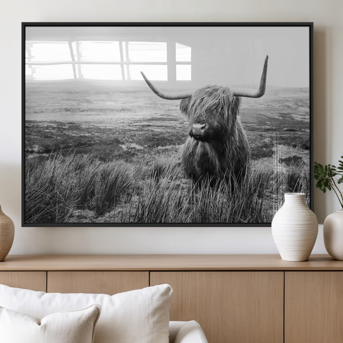 MGV-FP-60X30-3P - Scottish Highland Cow Wall Art | Black and White Canvas Print | Ready to Hang and Framed | Rustic