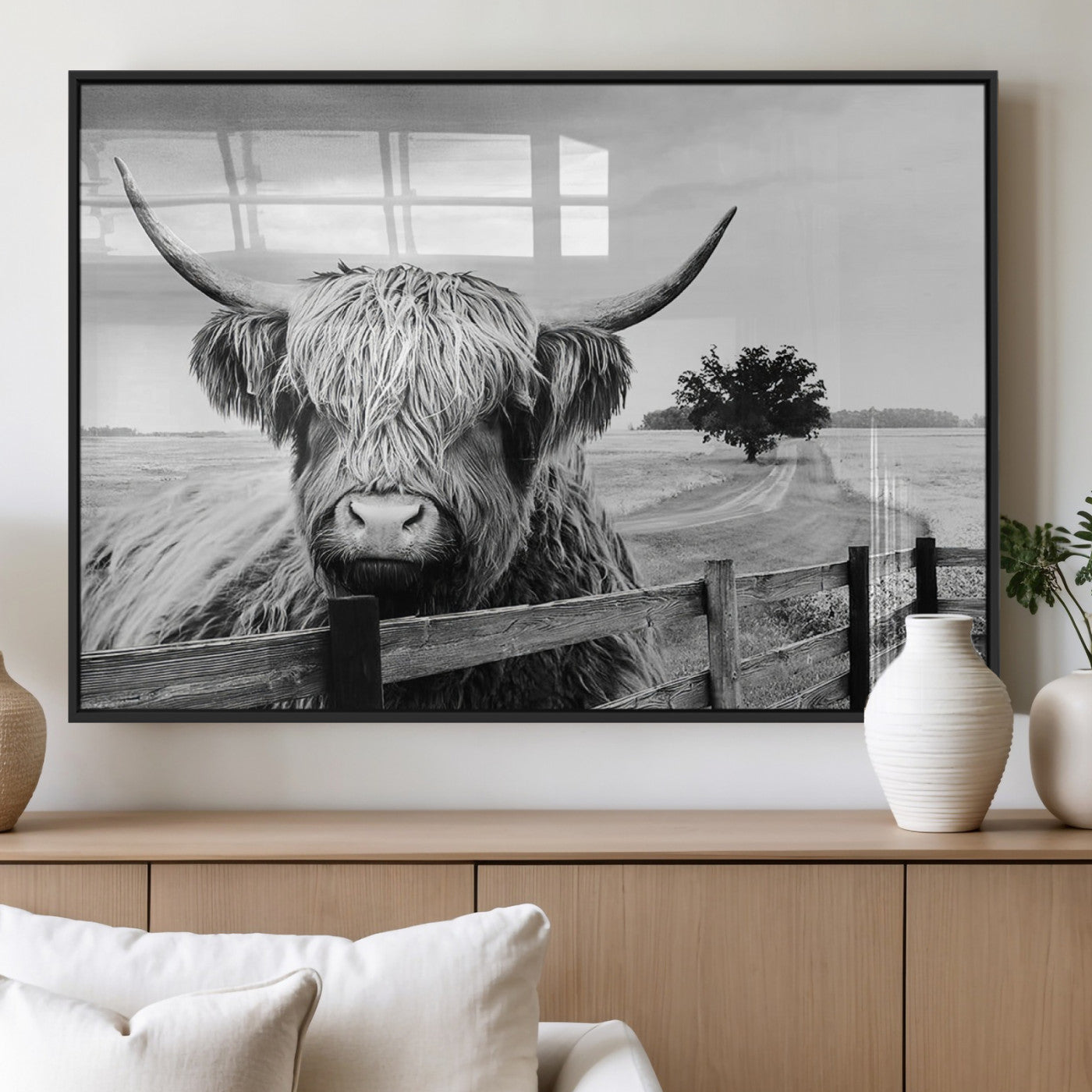 MGV-FP-60X30-3P - Scottish Highland Cow Wall Art | Rustic Farmhouse Décor | Black and White Ready to Hang Canvas Print