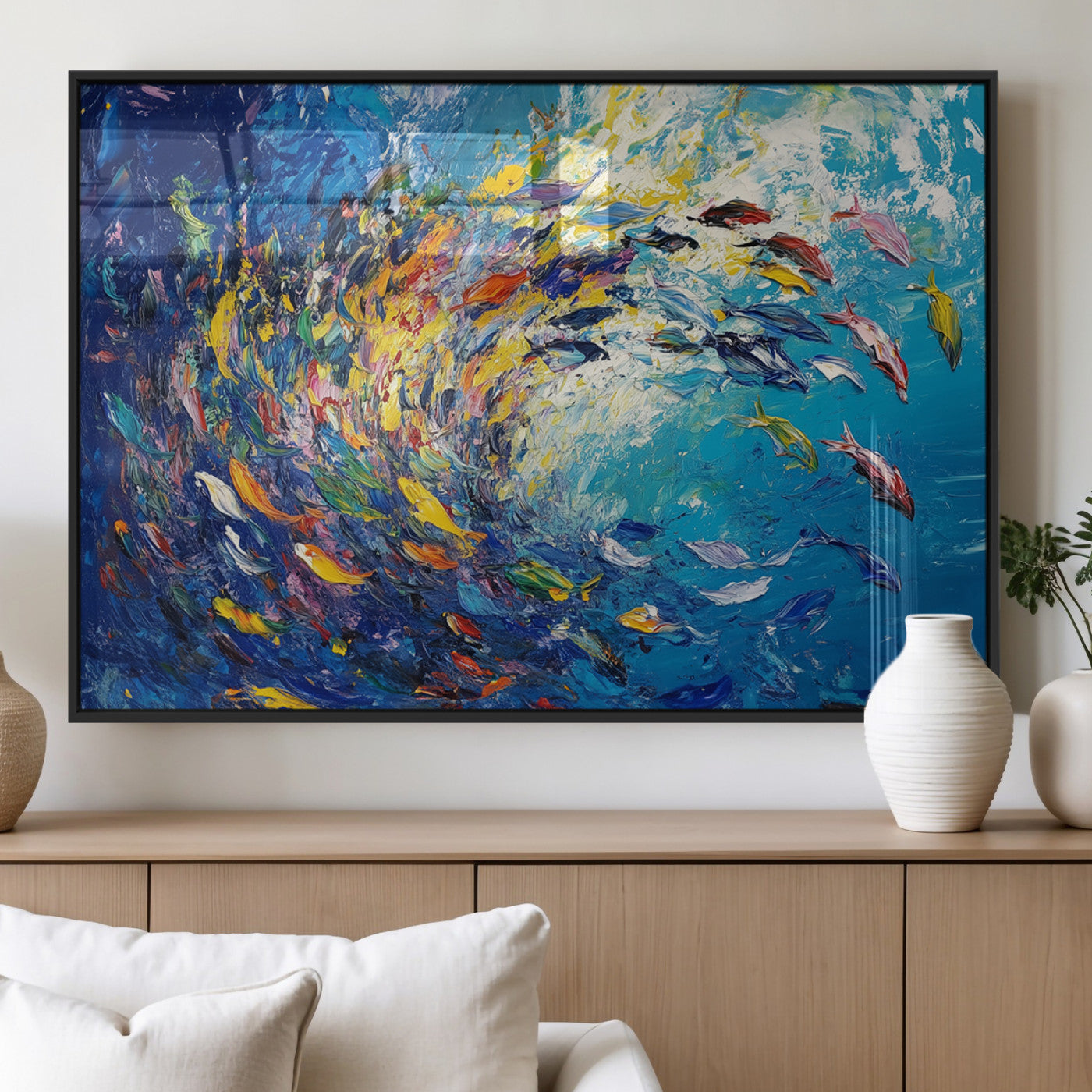MGV-FP-60X30-3P - Colorful Swirling Fish School Wall Art Canvas Print | Oceanic Abstract Painting | Ready to Hang |