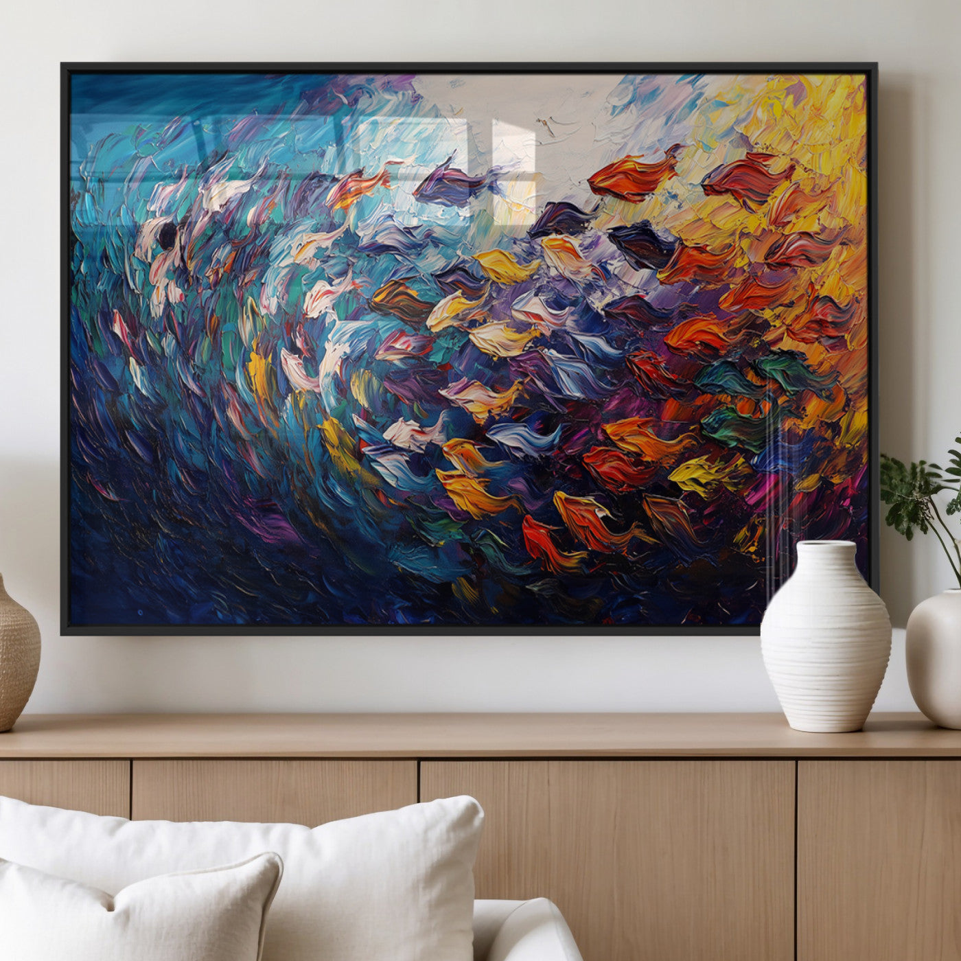 MGV-FP-60X30-3P - Vibrant Abstract Fish Swarm Art – Colorful Fish Inspired 3-Piece Canvas Wall Art for Living Room or