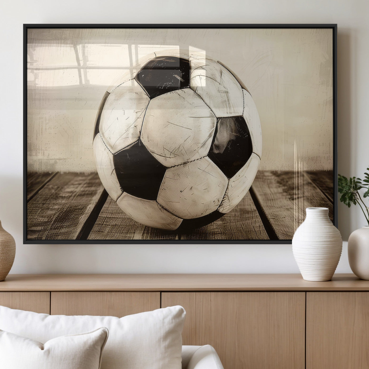 MGV-FP-60X30-3P - Vintage Soccer Ball Wall Decor Canvas Art – 3-Panel Soccer Wall Decor, Framed and Ready to Hang