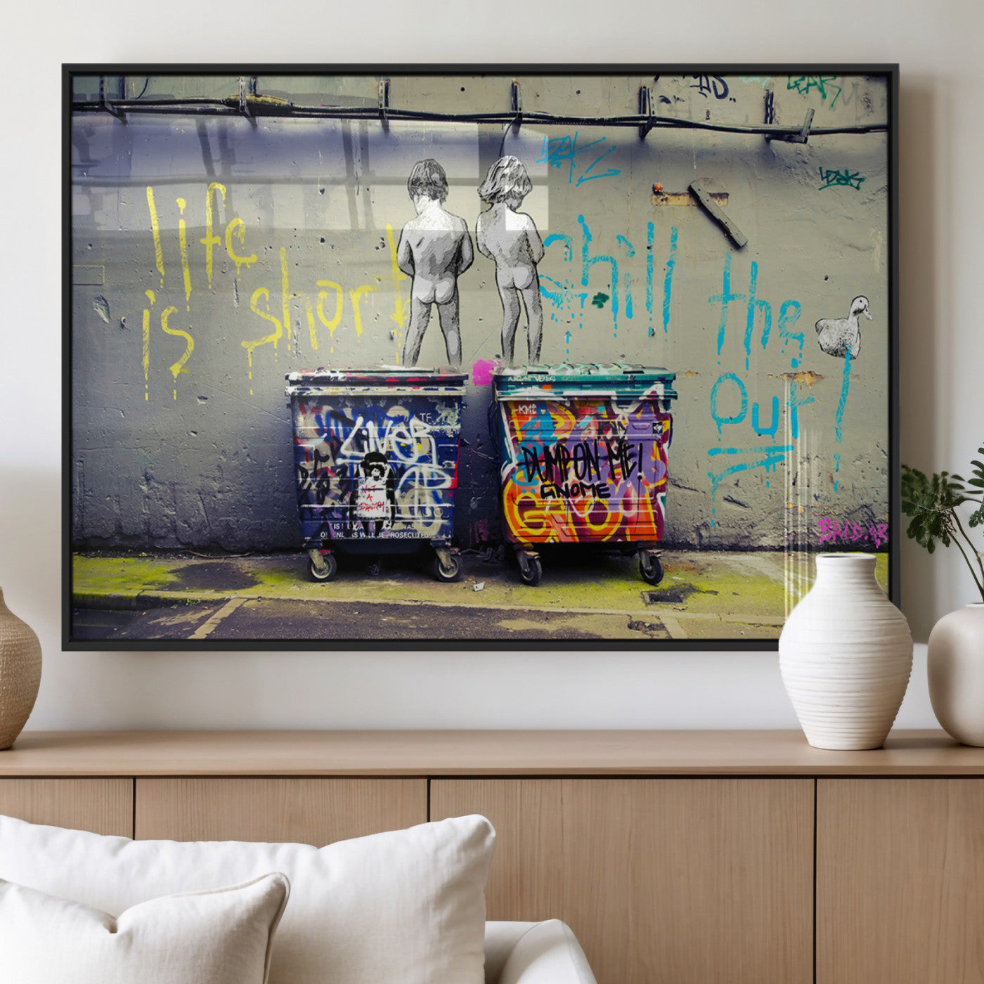 MGV-FP-60X30-3P - Banksy Life is Short Wall Art - Iconic Graffiti Art on Framed Ready-to-Hang Canvas - Street Art
