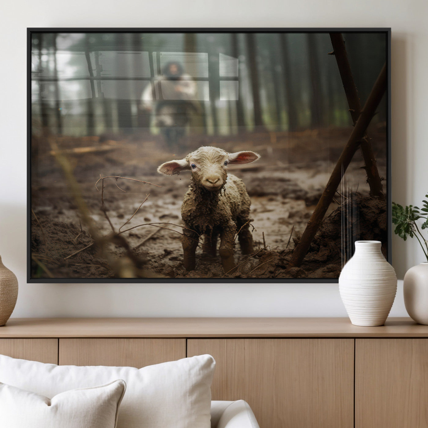 MGV-FP-60X30-3P - Jesus Running After a Lost Lamb Canvas Wall Art Print