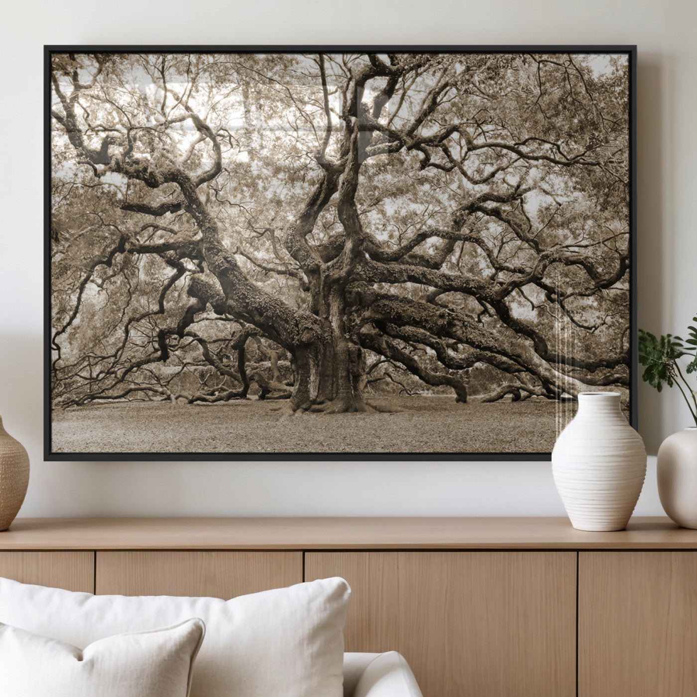 51126-MGV-FP-60X30-3P_Black-Sepia Framed Angel Oak Tree Wall Art - 3-Panel Canvas Prints, Large Green Nature Artwork, Ready to
