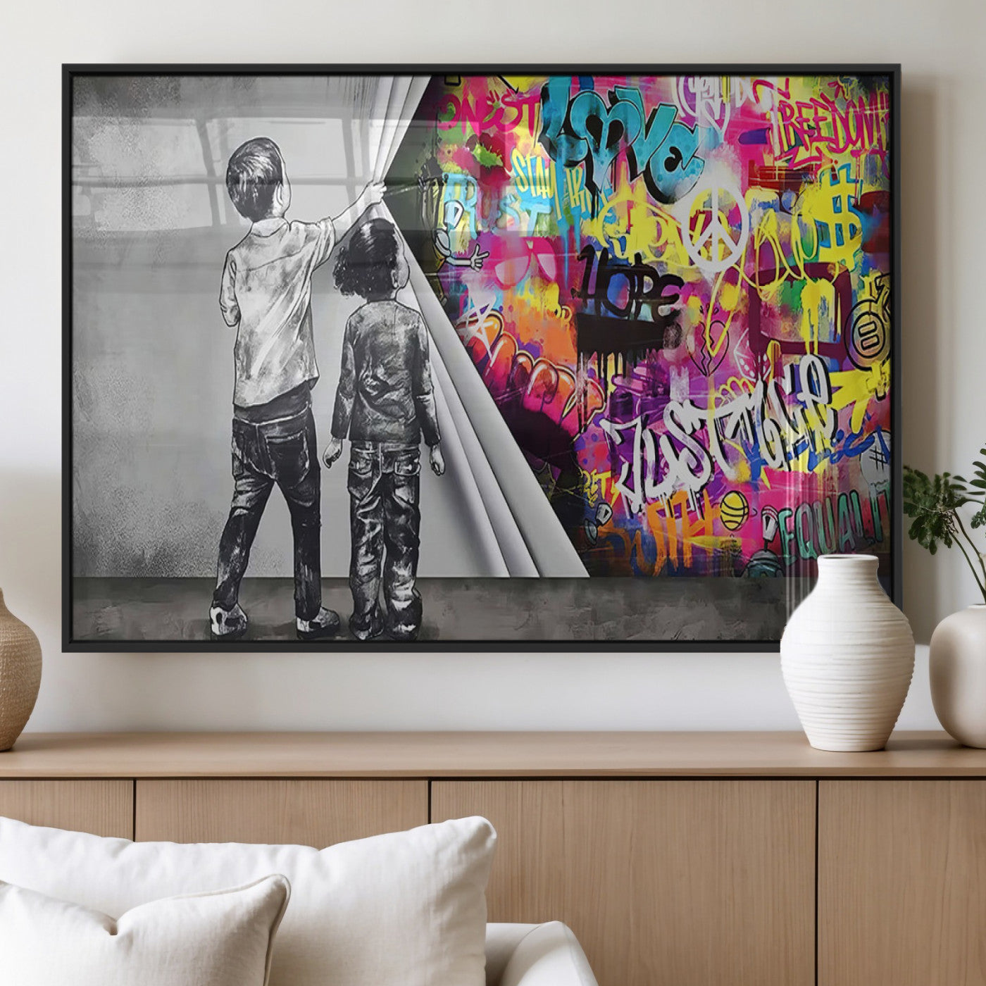 MGV-FP-60X30-3P - Banksy Print - Street Art Canvas Wall Art - Kids Revealing Graffiti, Urban Modern Decor for Living