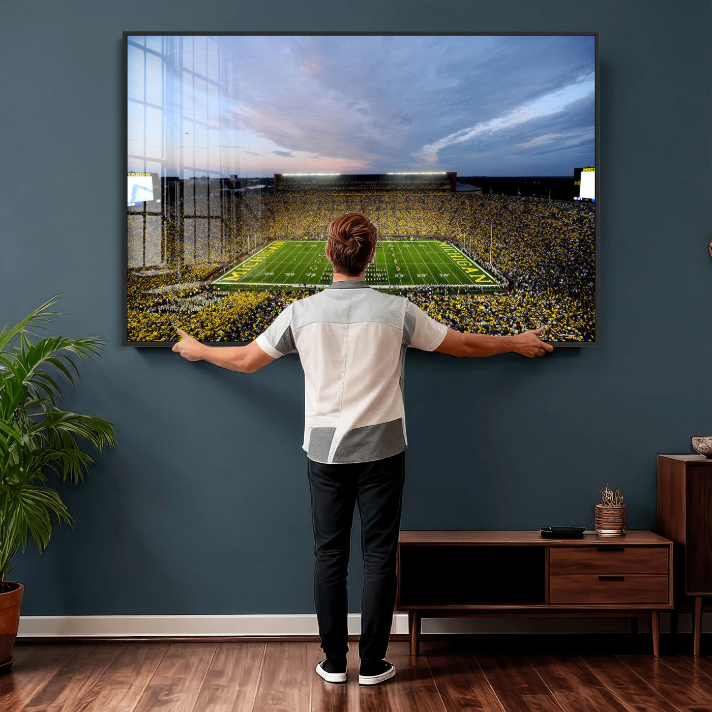 82641-MGV-CV-36X24 - Michigan Stadium Wall Art Canvas Print, Vibrant Game Day Crowd and Sunset Sky Football Field Artwork for Home, Office