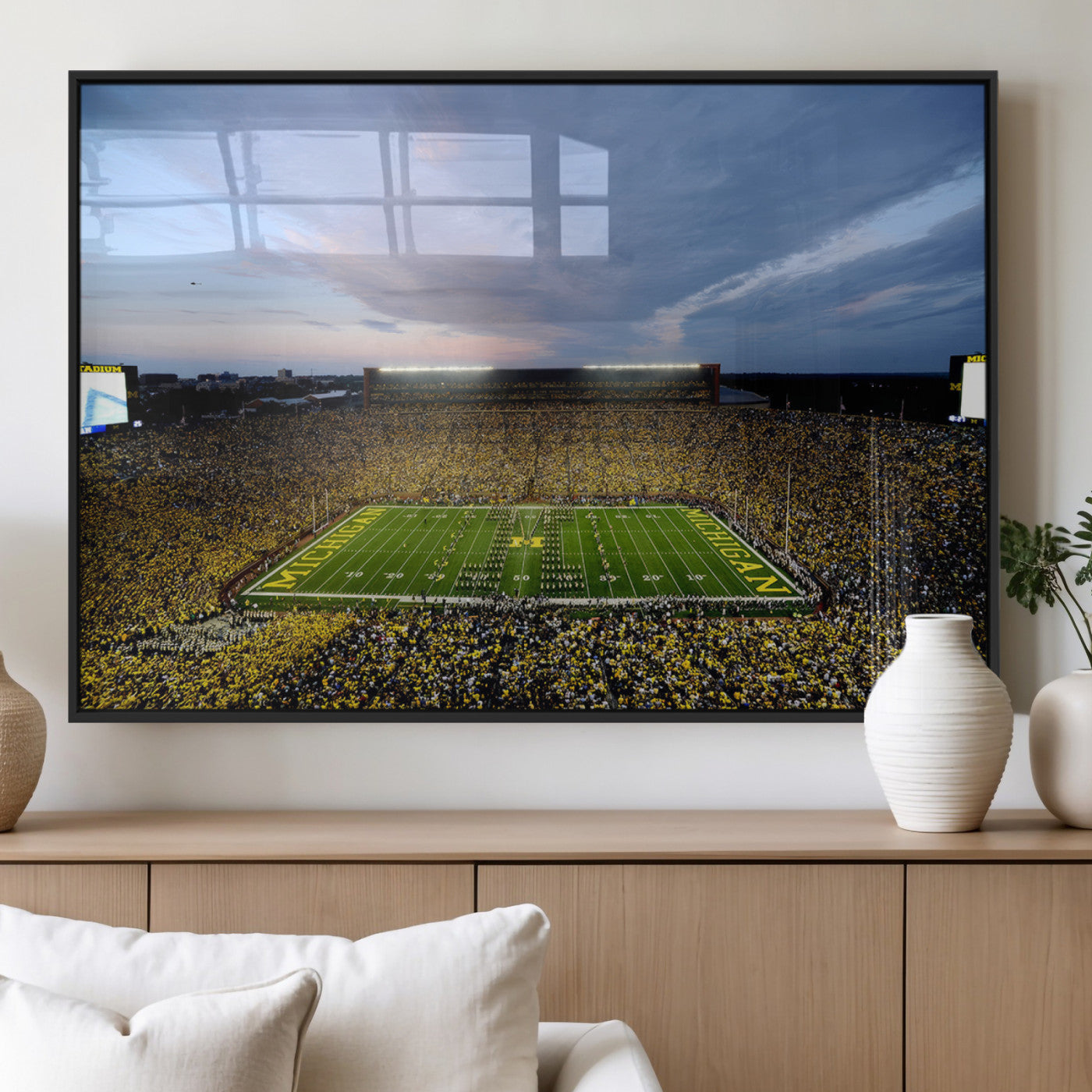 82641-MGV-FP-36X24 - Michigan Stadium Wall Art Canvas Print, Vibrant Game Day Crowd and Sunset Sky Football Field Artwork for Home, Office