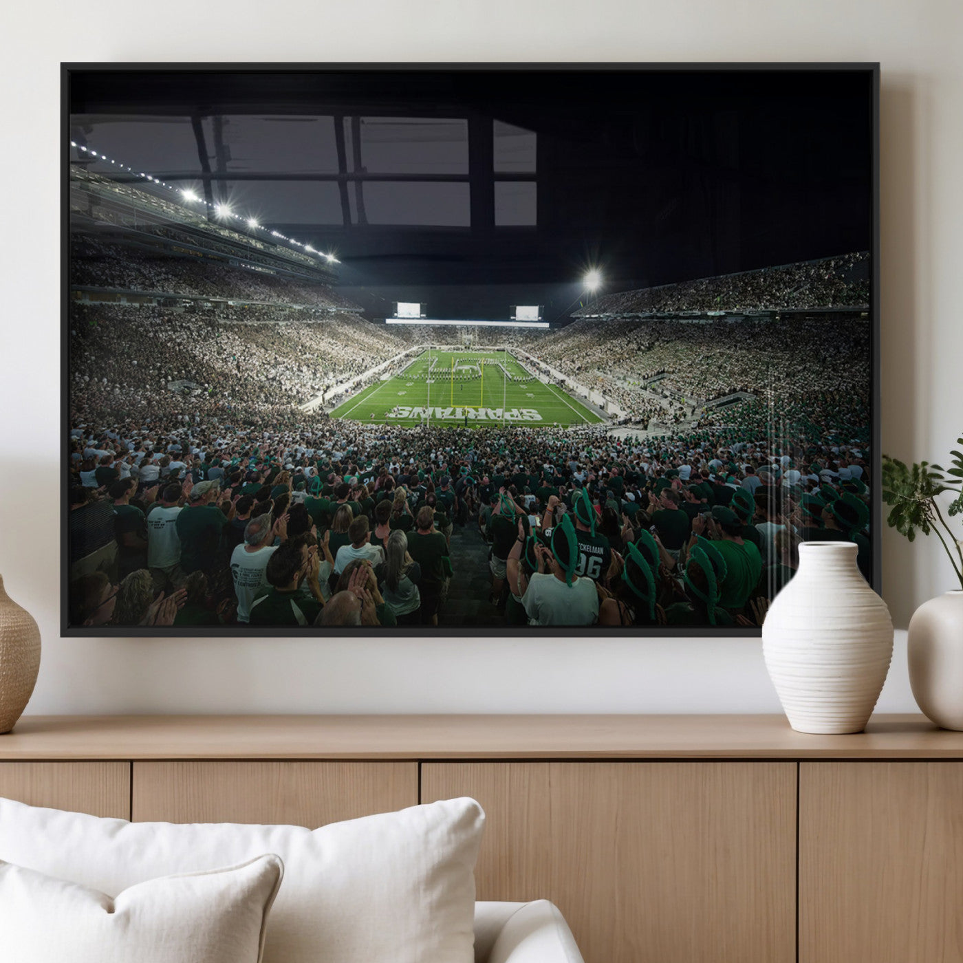 MGV-FP-60X30-3P - Framed Michigan State Spartans Football Team Print - East Lansing Spartan Stadium Wall Art Canvas
