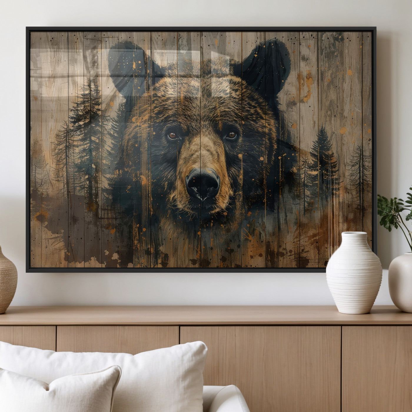 MGV-FP-60X30-3P - Abstract 399 Bear Wall Art | Rustic Cabin Wall Decor with Forest Design | Framed and Ready to Hang |