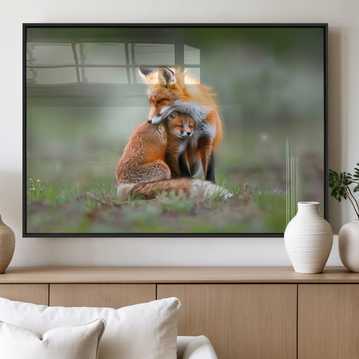 MGV-FP-60X30-3P - Heartwarming Fox and Baby Cub Wall Art | Ready to Hang Canvas Print of Foxes in Nature | Perfect for