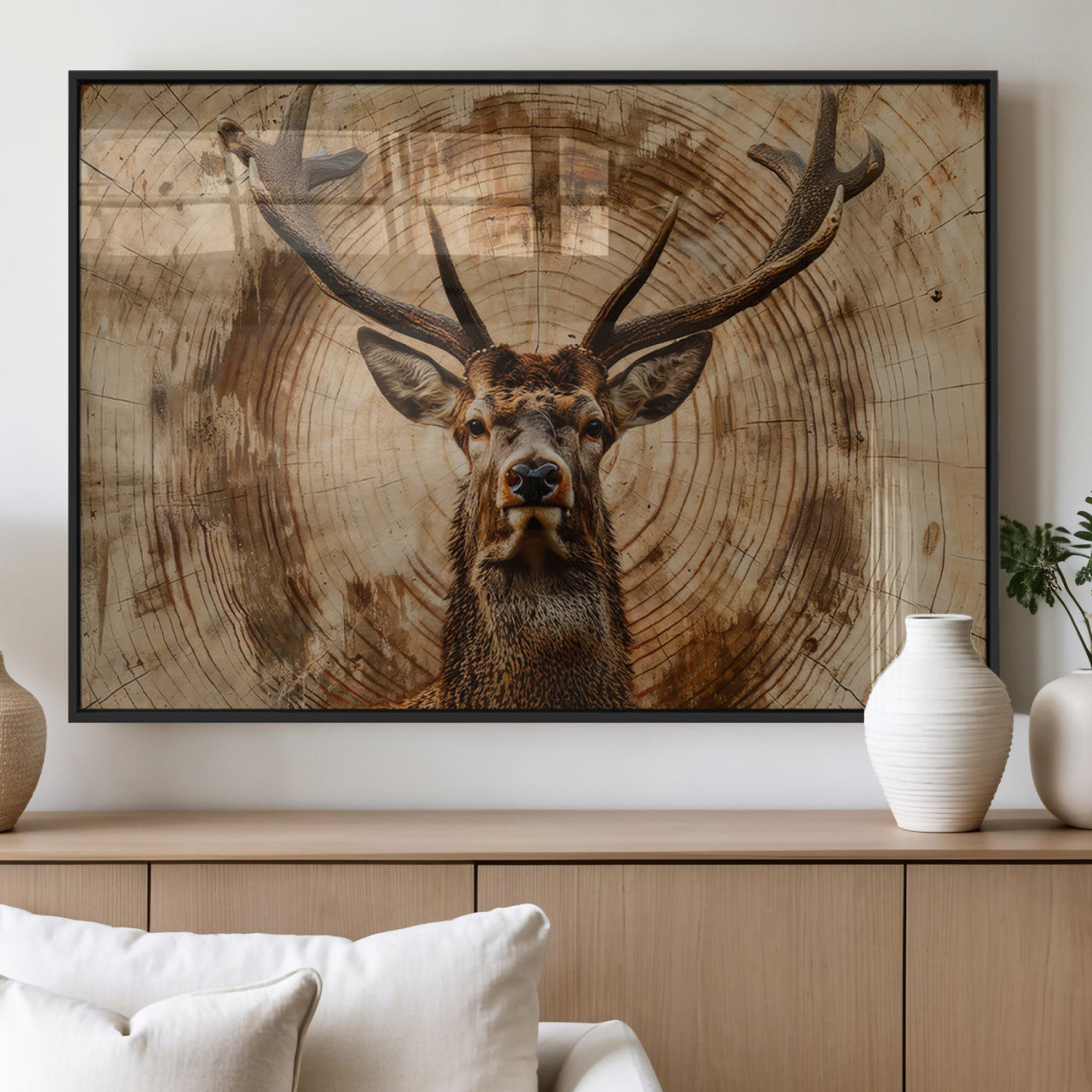 MGV-FP-60X30-3P - Wood Abstract Deer Wall Art | Rustic Wildlife Canvas Print | Ready to Hang Stag Head Triptych for