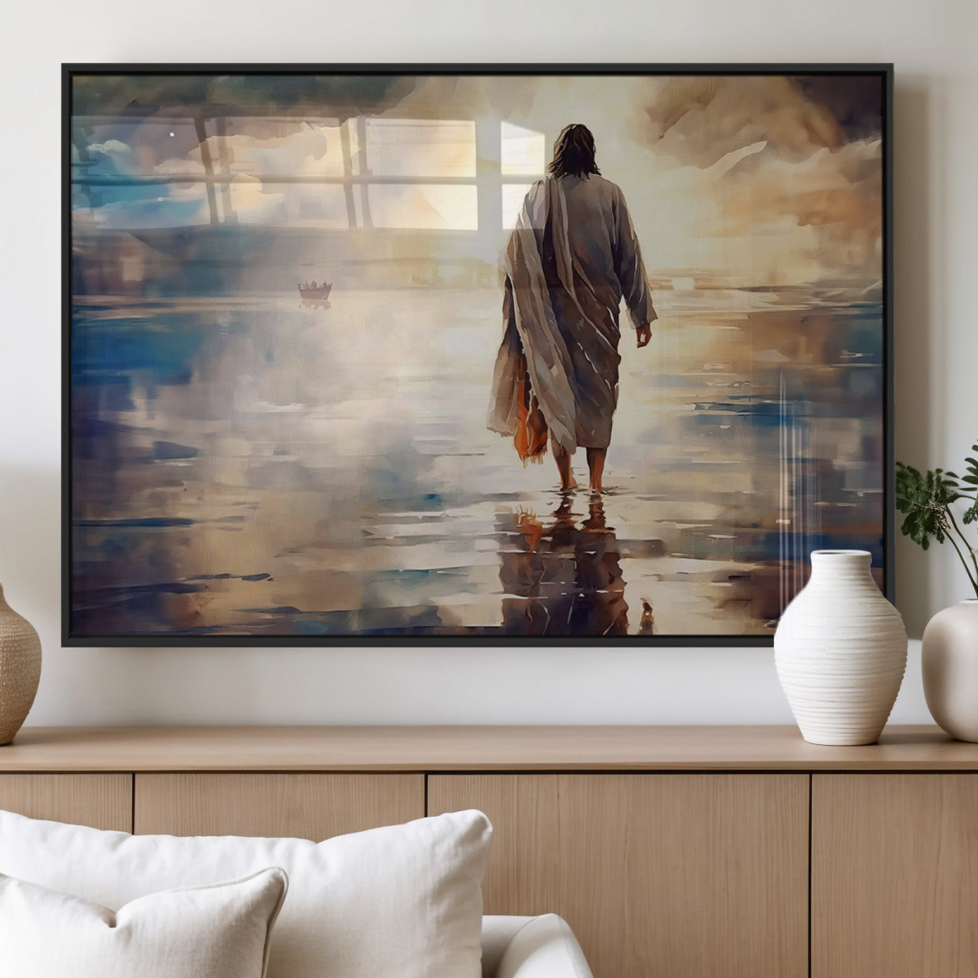 MGV-FP-60X30-3P - Jesus Walking on Water Wall Art | Ready to Hang Spiritual Triptych Canvas Print | Inspirational