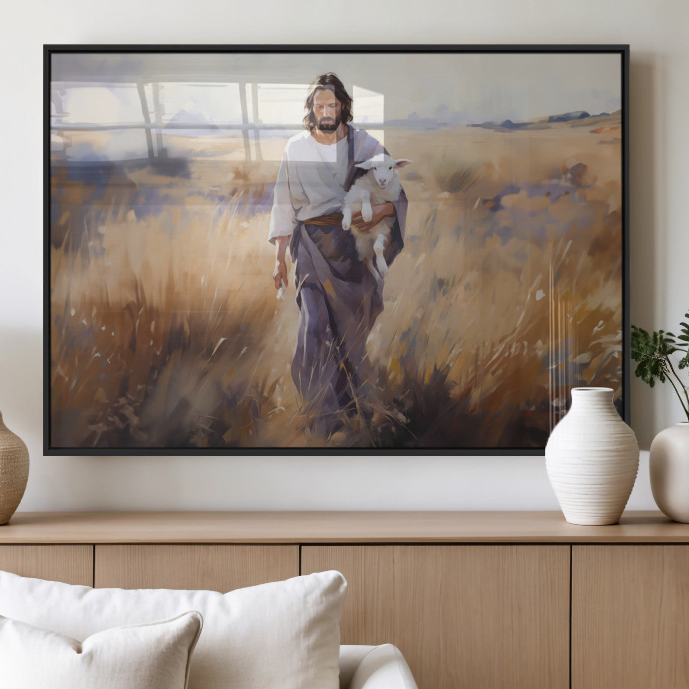 MGV-FP-60X30-3P - Jesus the Good Shepherd Wall Art Canvas Print - Lost Lamb Print for Prayer Room Decor