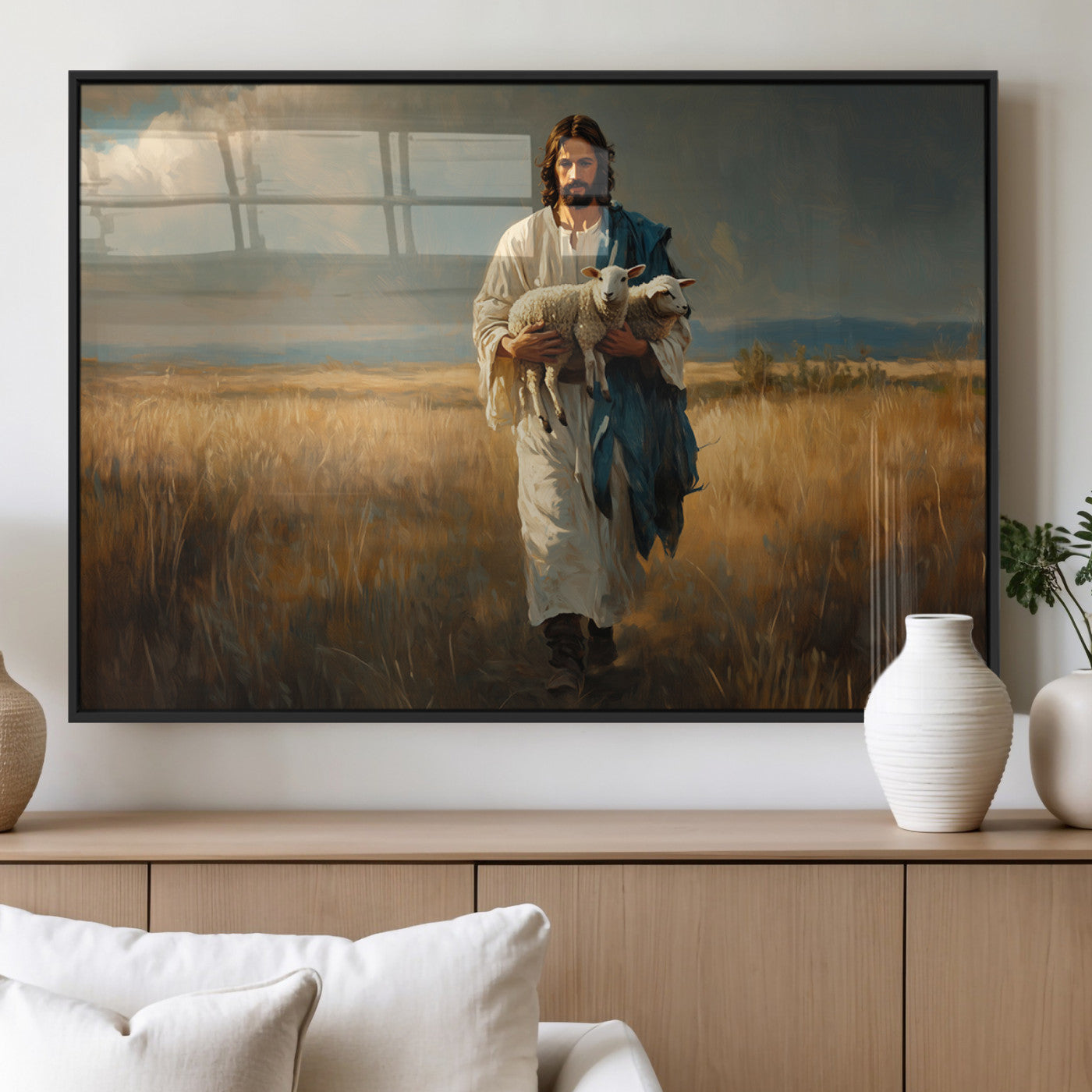 MGV-FP-60X30-3P - Jesus Shepherd Wall Art | Ready to Hang Triptych Canvas of Jesus Holding a Lamb in a Field |