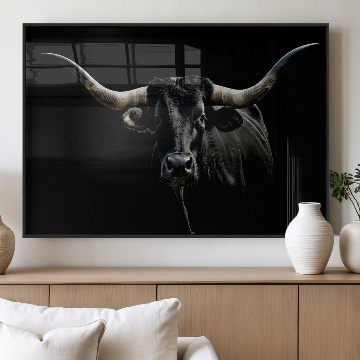 MGV-FP-60X30-3P - Texas Black Longhorn Bull Wall Art Canvas Print - Western Texas Cattle Rustic Decor Print - Longhorn