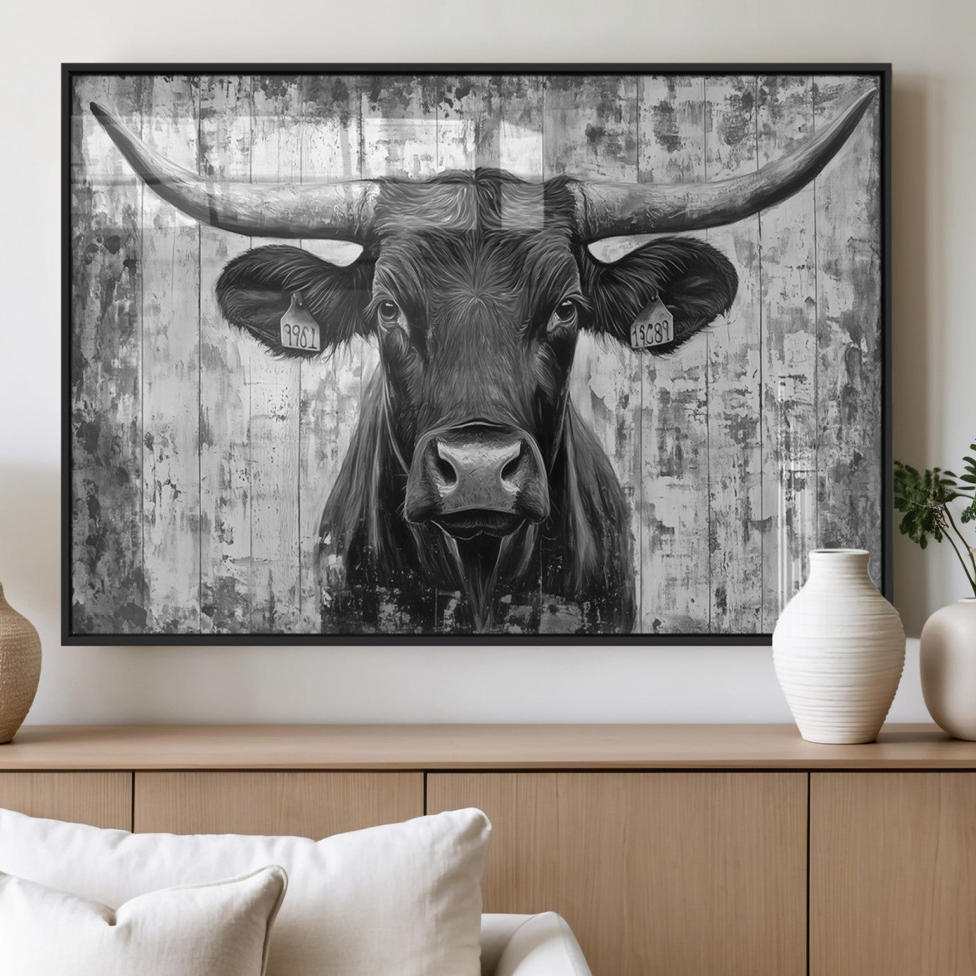 MGV-FP-60X30-3P - Abstract Longhorn Bull Wall Art Canvas Print - Rustic Texas Western Cow Artwork