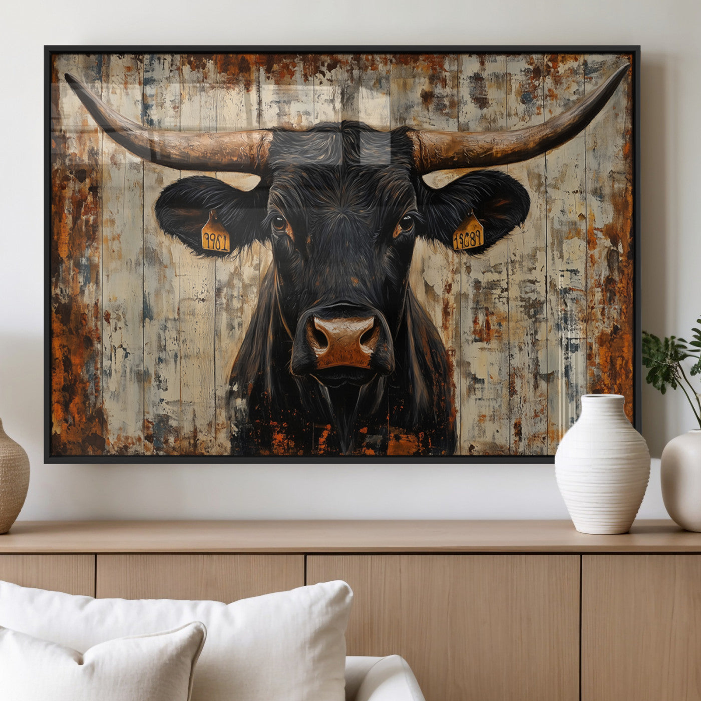 MGV-FP-60X30-3P - Rustic Texas Artwork Wall Art Canvas Print - Abstract Cow Longhorn Bull Wall Art Canvas Print