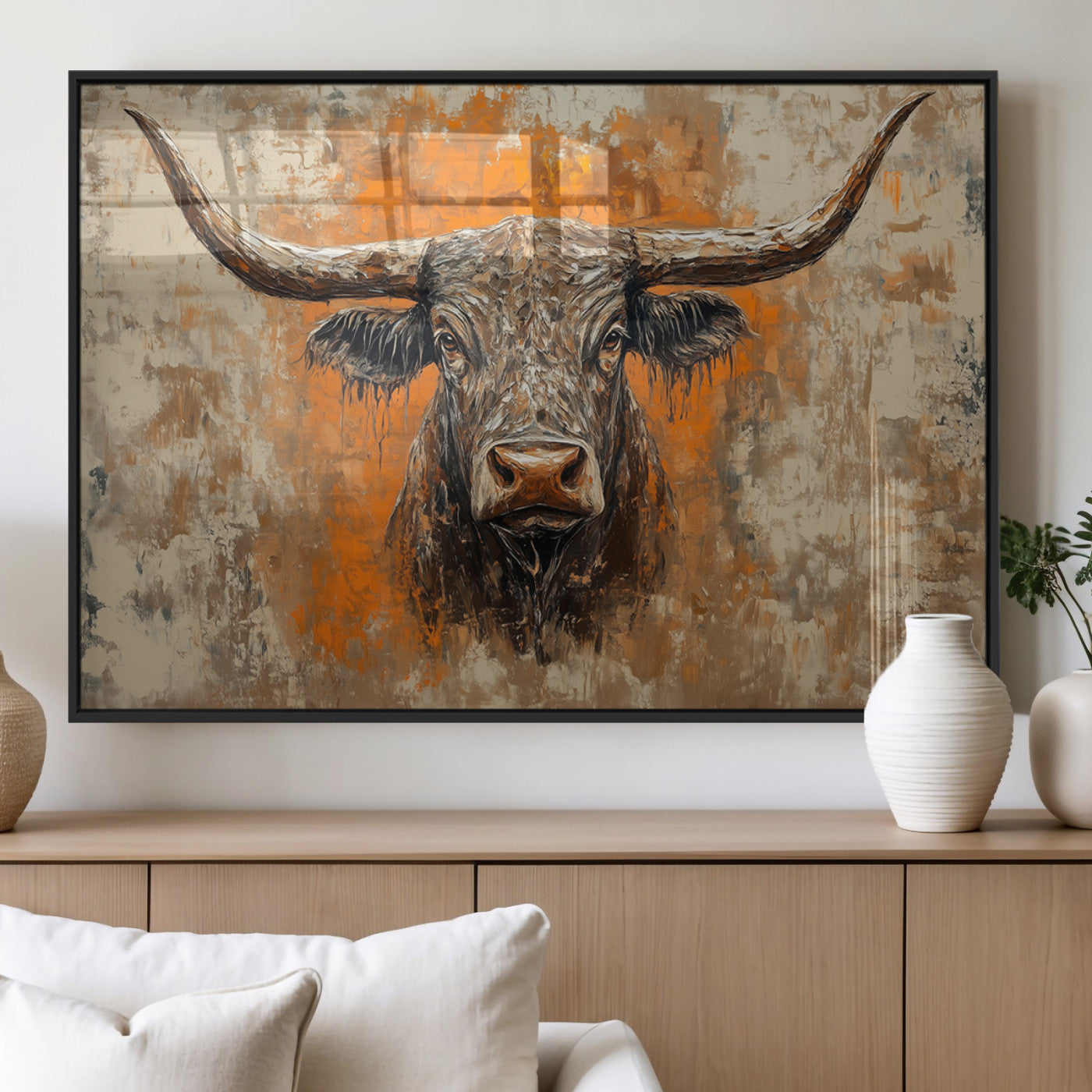 MGV-FP-60X30-3P - Abstract Cow Longhorn Bull Wall Art Canvas Print - Rustic Texas Western Cattle Artwork