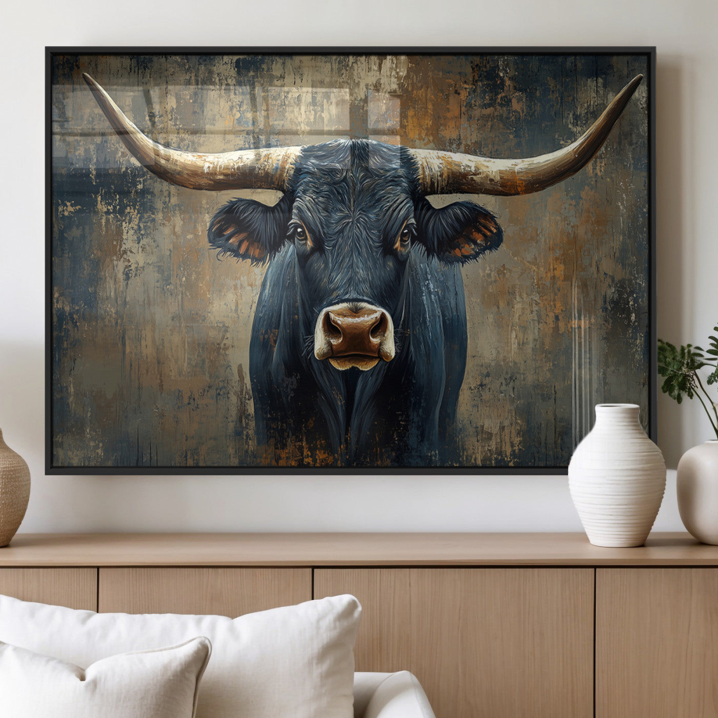 MGV-FP-60X30-3P - Texas Western Wall Art Canvas Print - Abstract Cow Longhorn Bull Wall Art Canvas Print - Rustic Cow