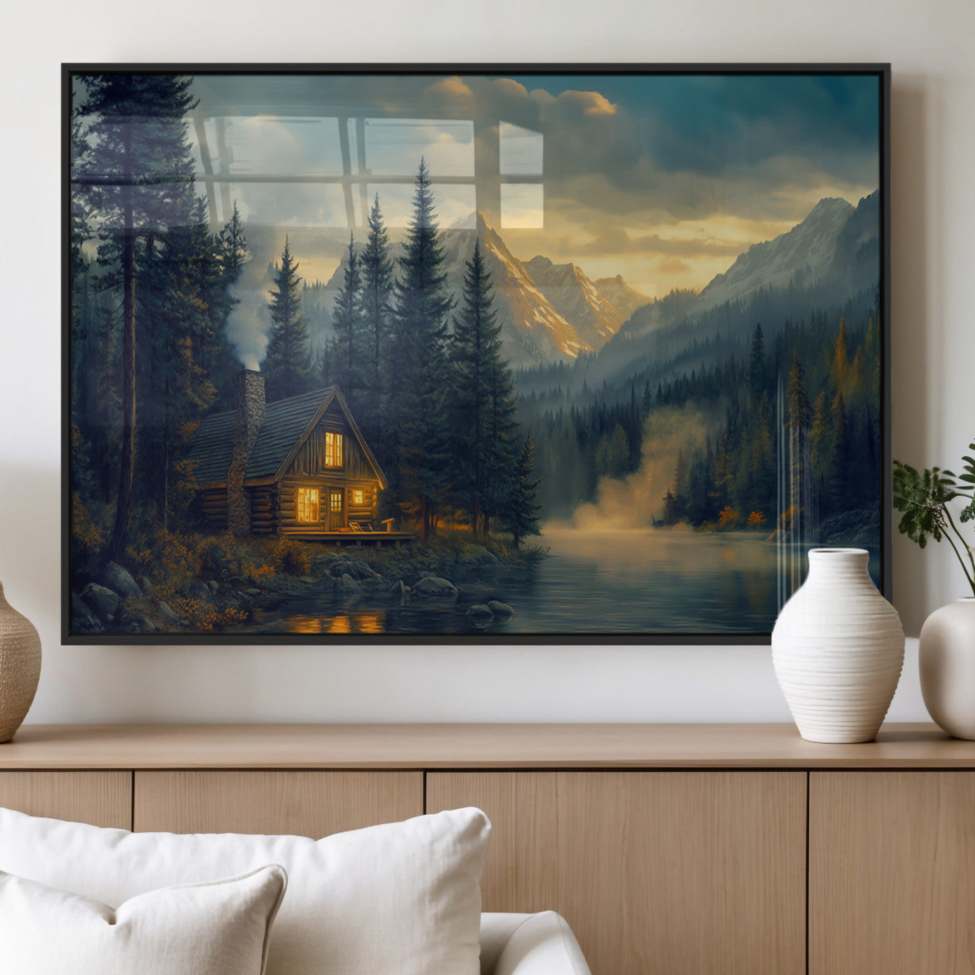 MGV-FP-60X30-3P - Mountain Cabin by the Lake at Sunset Wall Art - Serene Nature Canvas Print for Living Room Decor,